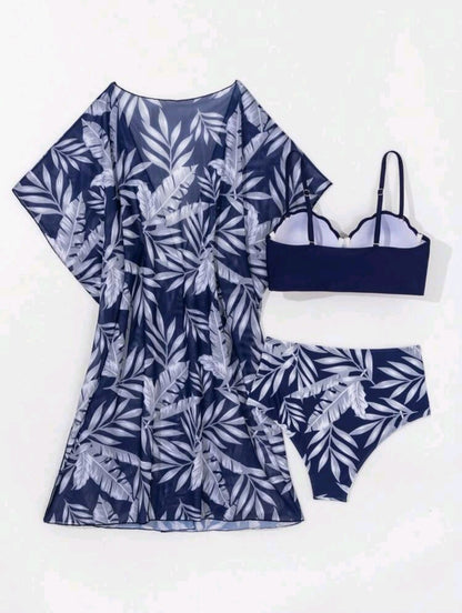 Trendy High Waisted Tropical 3pcs Bikini