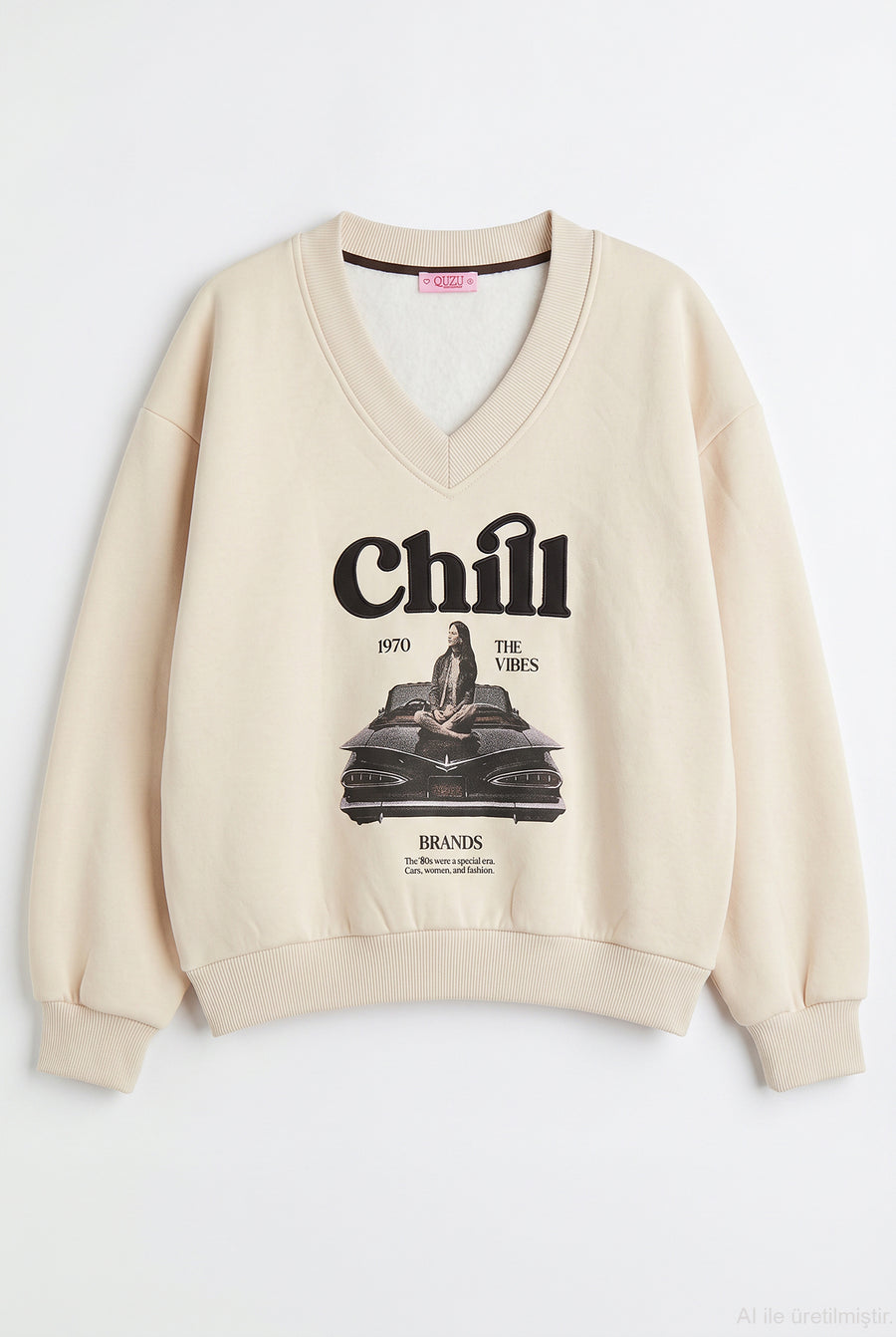 Trendy Embroidered V-Neck Sweatshirt - Fleece inside