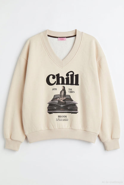 Trendy Embroidered V-Neck Sweatshirt - Fleece inside