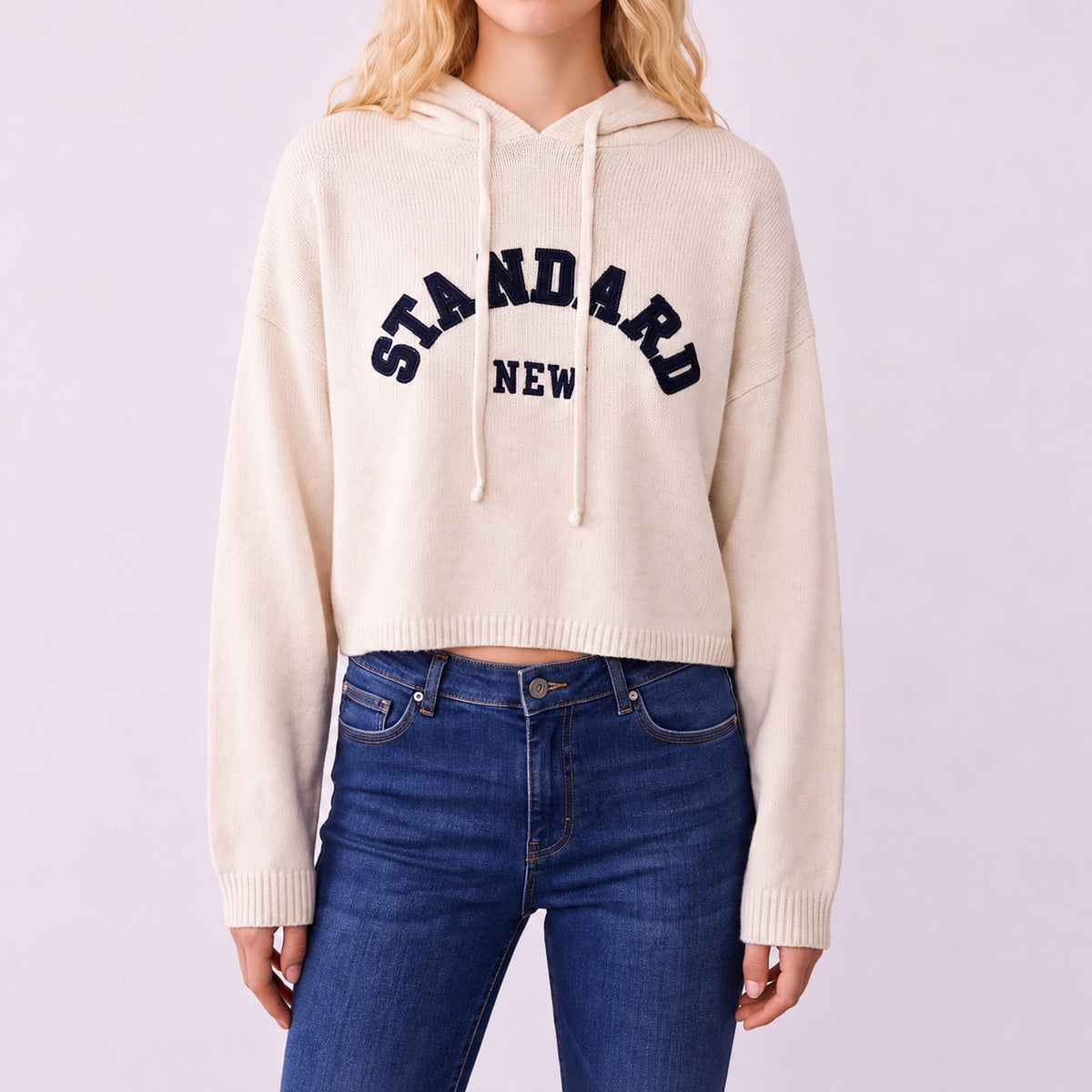 Trendy Embroidered Hoodie - Beige - Standard Size