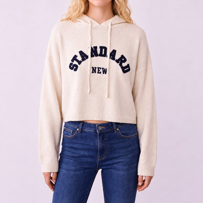 Trendy Embroidered Hoodie - Beige - Standard Size